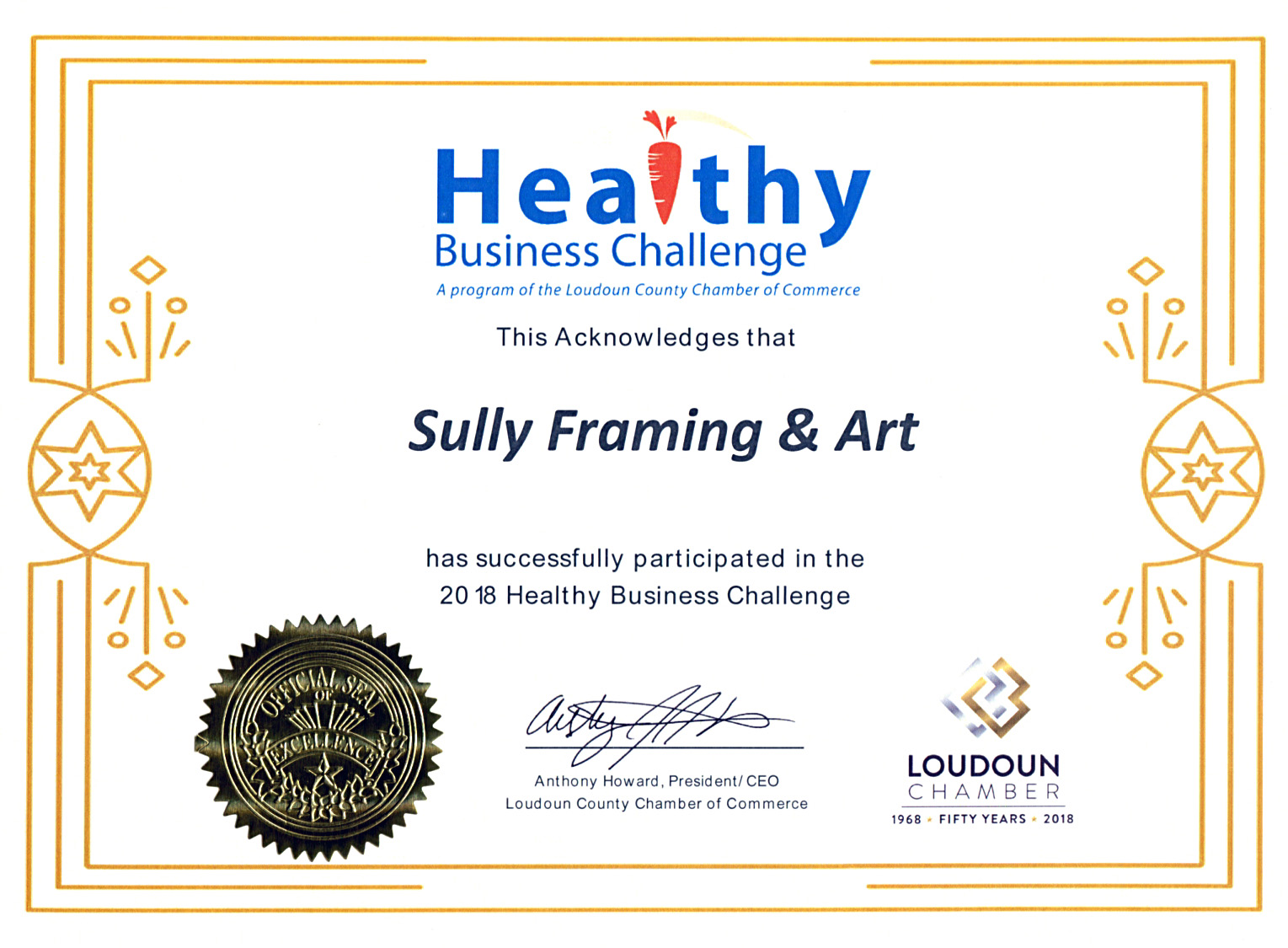 Healthy Business Challenge 2018 certificate